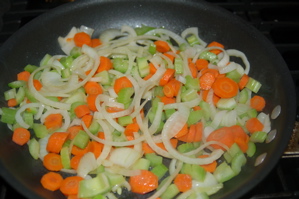 Carrots, onion, mushrooms, celery sauteing